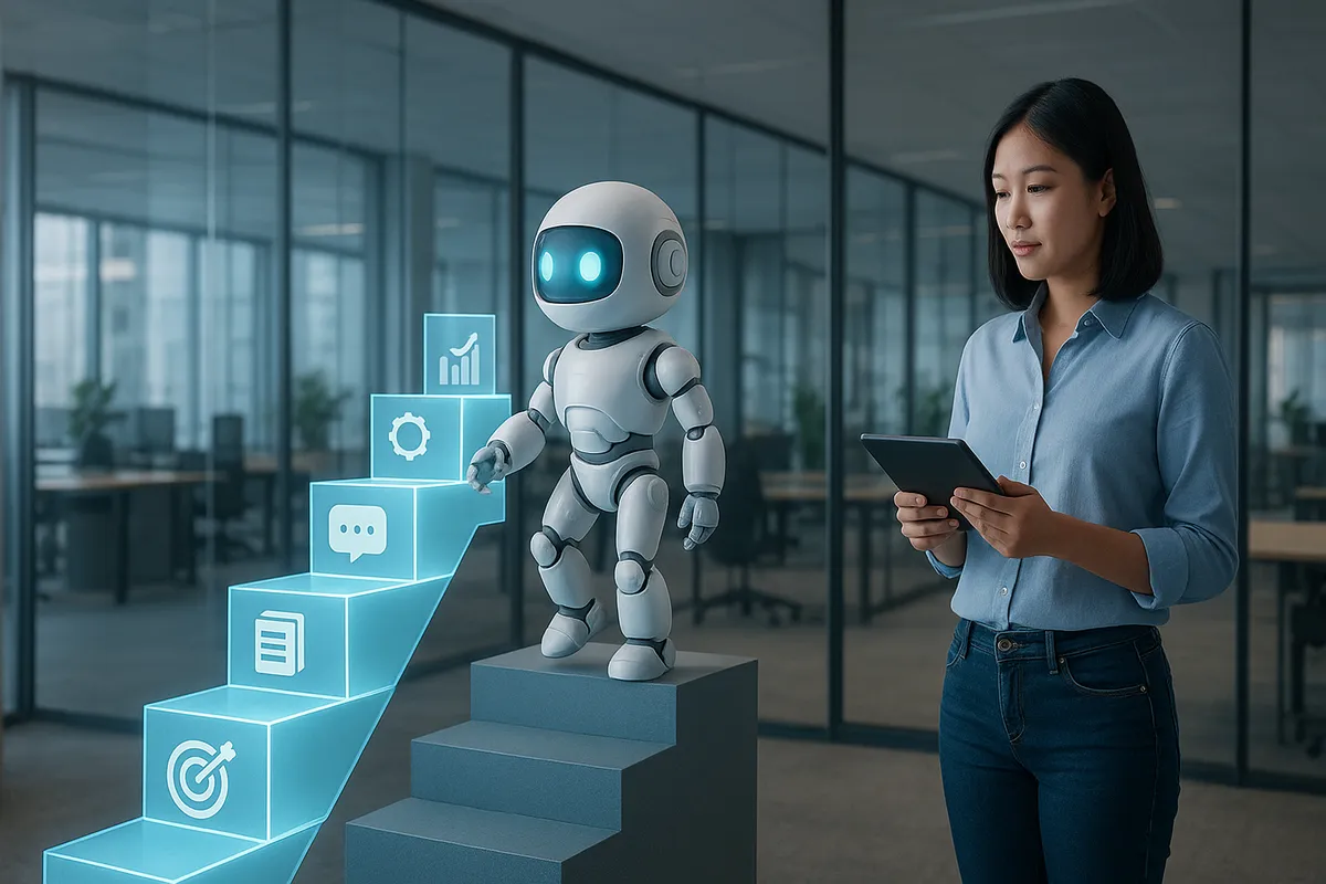 Robot AI trắng leo bảy bậc thang phát sáng, mỗi bậc có một biểu tượng: mục tiêu, bong bóng chat, tài liệu, bánh răng, khiên, ống nghiệm, biểu đồ
