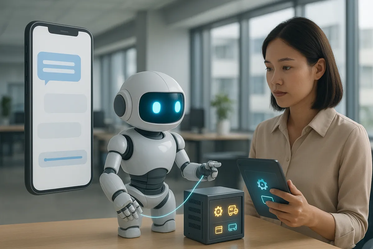 Khách hàng doanh nghiệp nhắn tin hỏi tiến độ đơn trên điện thoại, robot AI trắng tra dữ liệu từ khối máy chủ ERP và trả lời, quản lý sản xuất duyệt một yêu cầu trên máy tính bảng