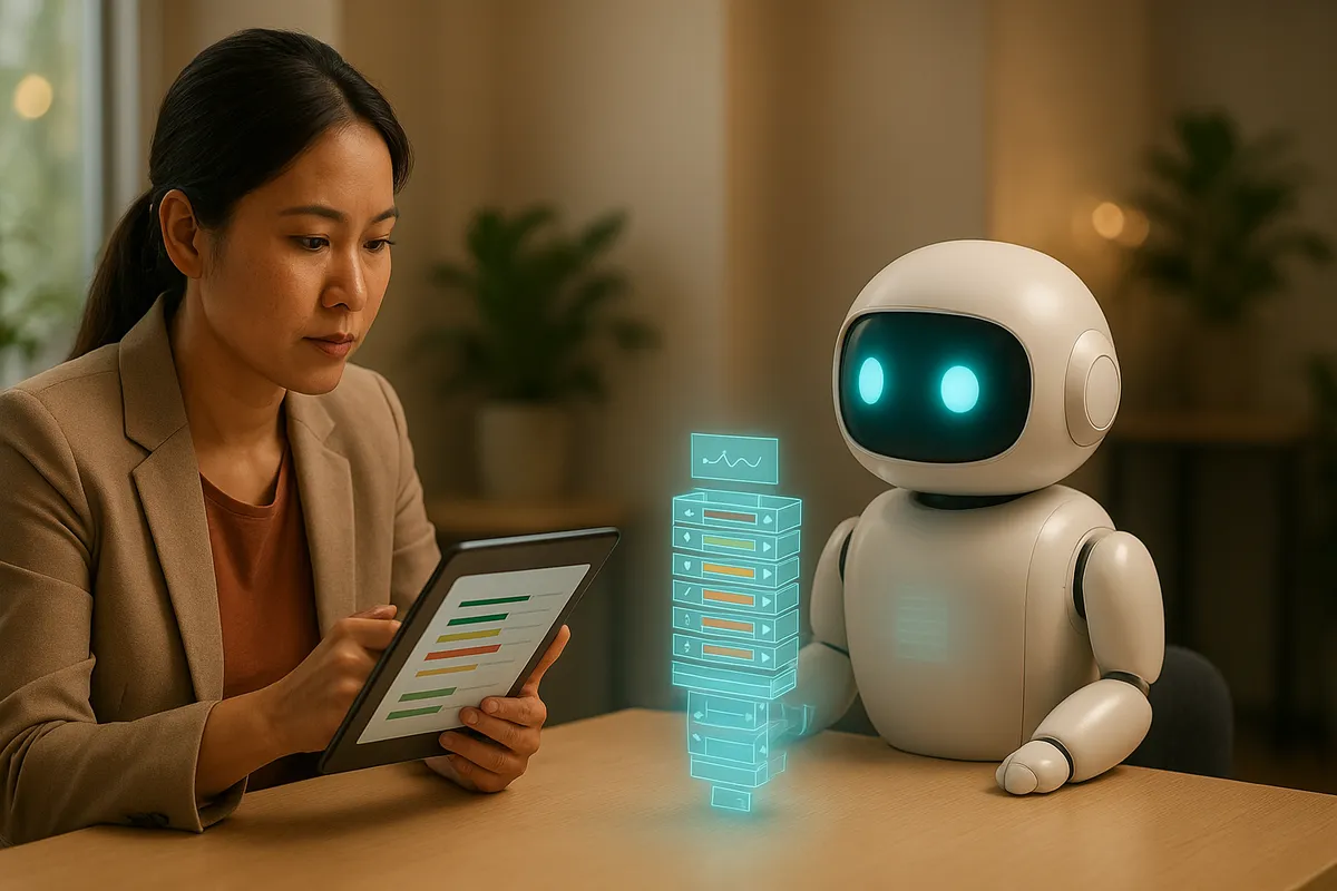 Trưởng nhóm telesale xem bảng chấm điểm cuộc gọi do AI tạo, với các thanh điểm theo từng phần kịch bản