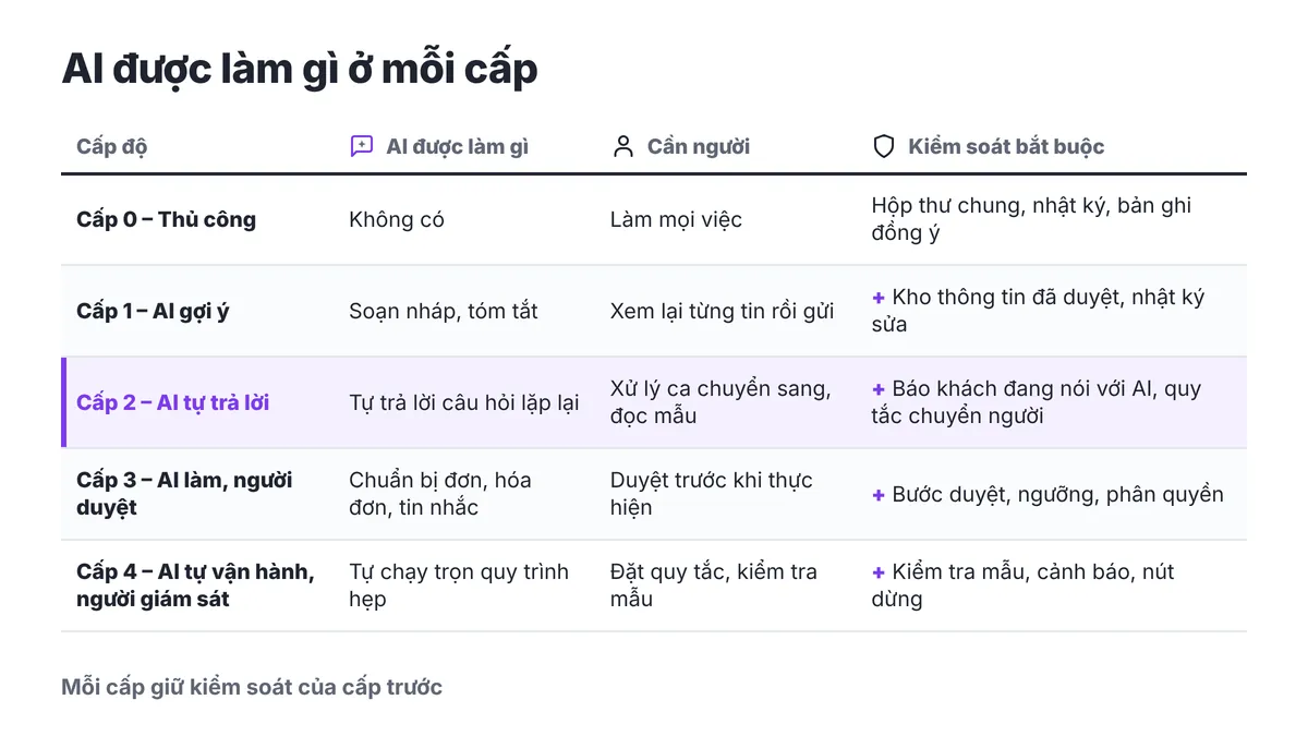 Bảng lưới 5 hàng cho 5 cấp độ AI, các cột ghi AI được làm gì, việc cần người và kiểm soát bắt buộc