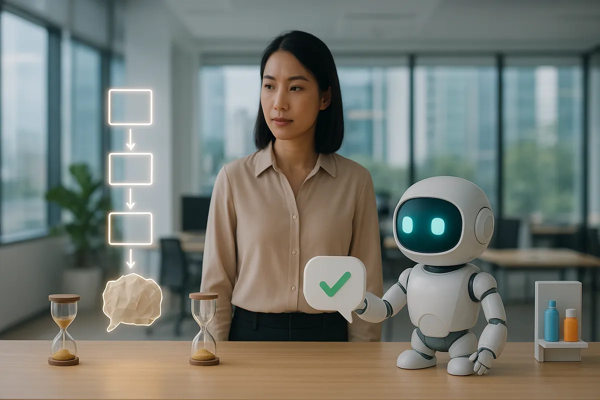 Hai bàn làm việc cạnh nhau: bàn trái có sơ đồ quy tắc cứng dừng ở một tin nhắn lạ, bàn phải có robot AI trắng đọc tin đó, tra kệ hàng và gửi câu trả lời