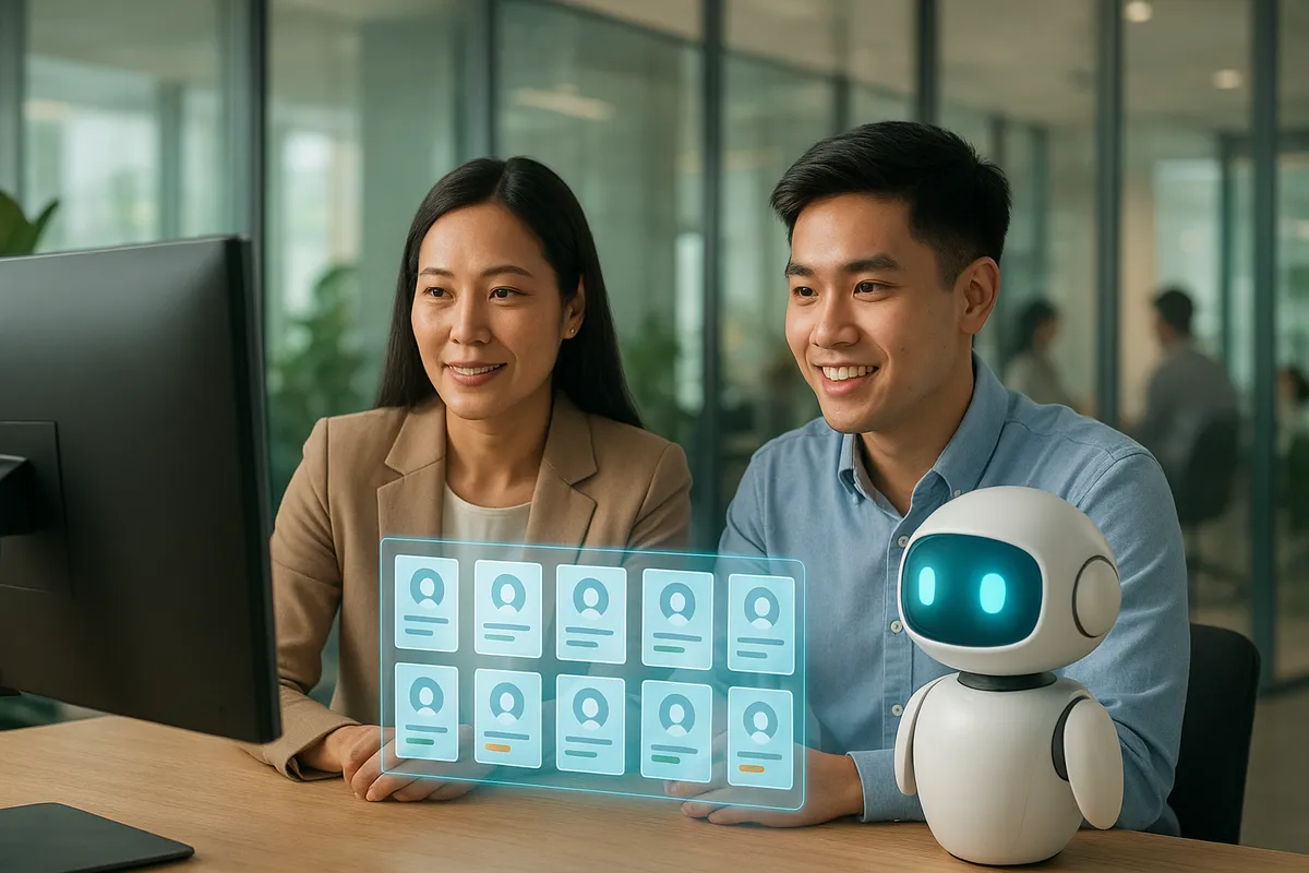 Quản lý và nhân viên mới cùng xem màn hình bàn giao, AI robot hiển thị các thẻ hồ sơ khách hàng đã được tóm tắt