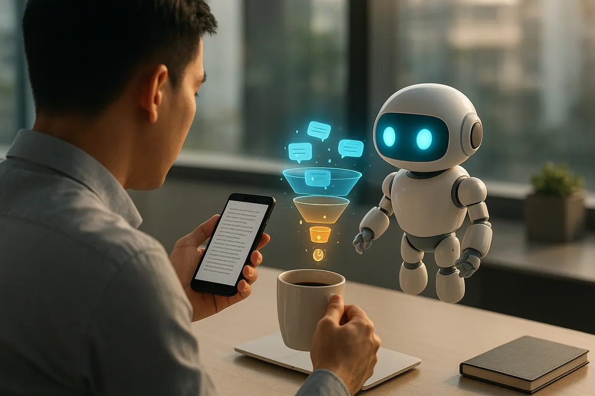 Giám đốc kinh doanh đọc bản tóm tắt báo cáo bán hàng trên điện thoại buổi sáng, phía sau robot AI trắng ghép các chỉ số từ hội thoại và đơn hàng thành biểu đồ phễu nổi