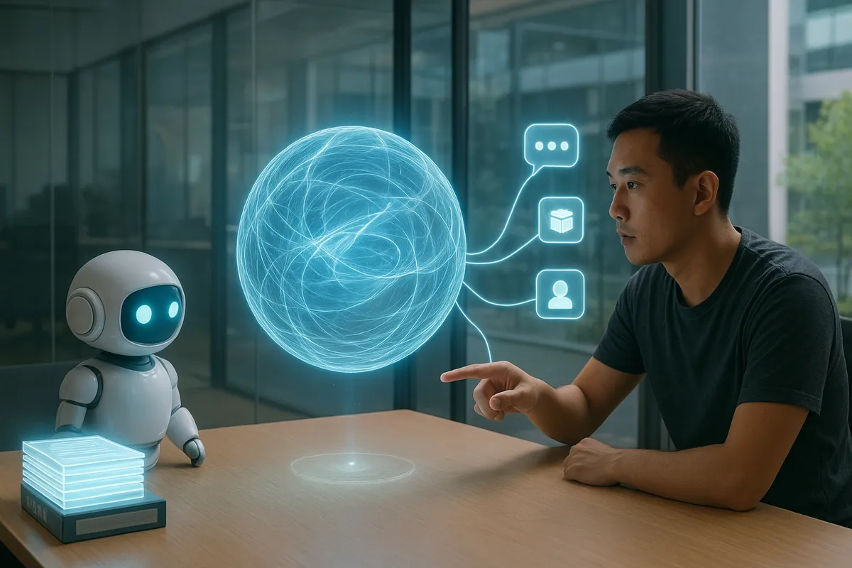 Robot AI trắng đứng trước quả cầu ánh sáng tượng trưng cho mô hình ngôn ngữ, bên trái là chồng tài liệu doanh nghiệp, bên phải là kết nối tới kênh chat, kho hàng và hồ sơ khách