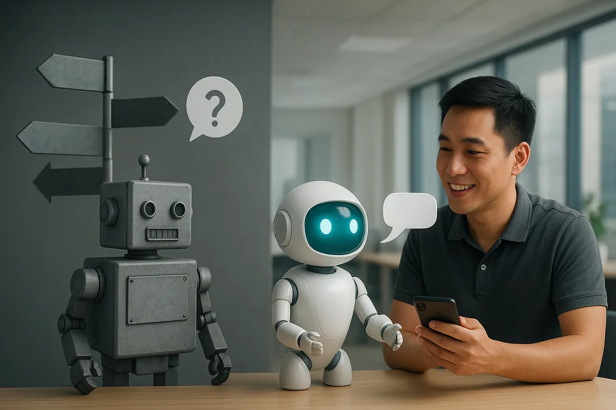 Robot xám cũ đứng trước mê cung biển chỉ dẫn cố định, bên cạnh robot AI trắng trả lời trực tiếp tin nhắn của một khách hàng trẻ đang cầm điện thoại