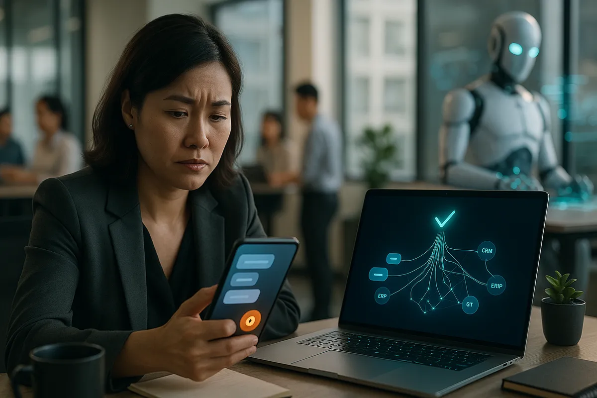 Chủ doanh nghiệp Việt Nam cầm điện thoại với chatbot thất bại, nhìn sang laptop hiển thị AI Agent xử lý thành công cùng yêu cầu