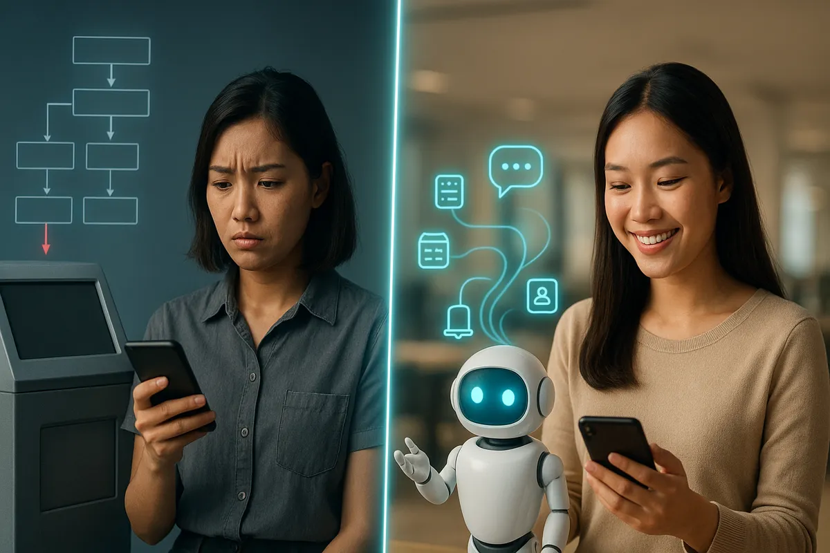 So sánh: bên trái chatbot đơn giản với cây kịch bản cứng nhắc, bên phải AI robot linh hoạt kết nối nhiều hệ thống