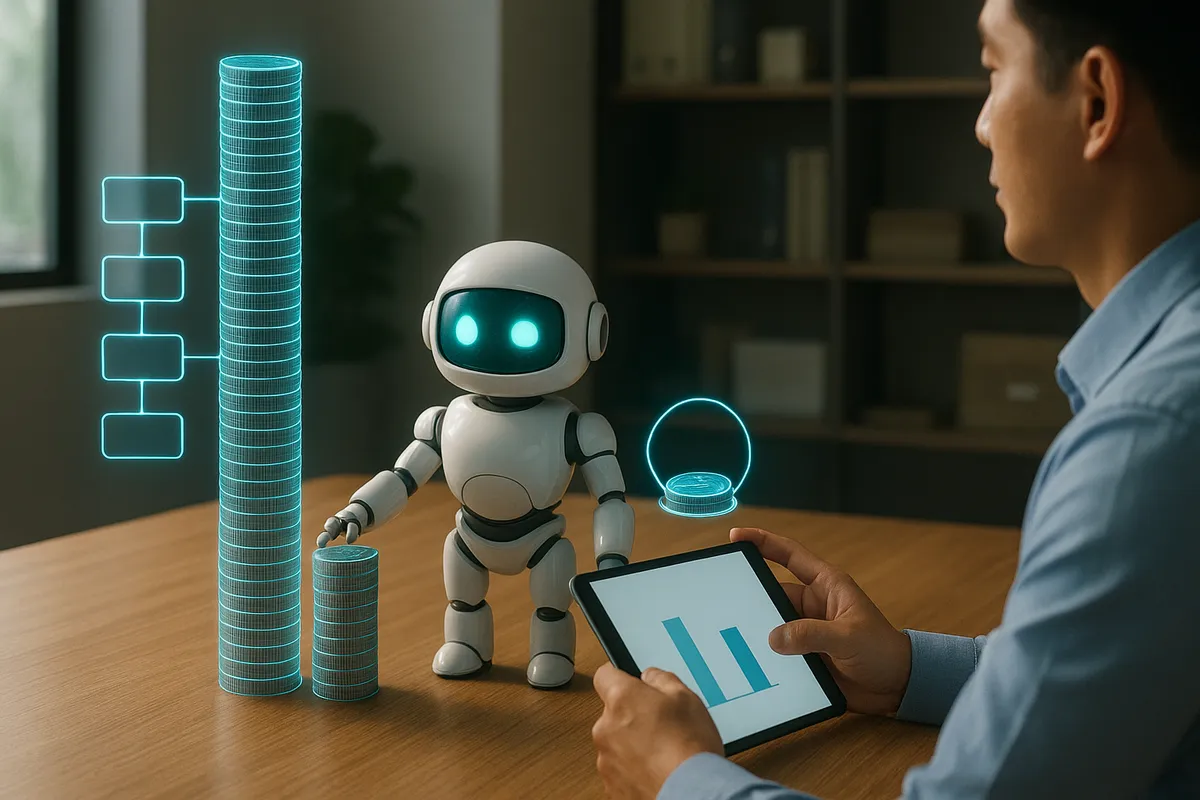 Robot AI trắng đứng giữa hai cột đồng xu nổi, một cột cao đếm từng bước của quy trình, một cột thấp đếm mỗi lần chạy, quản lý tài chính nhìn so sánh trên máy tính bảng