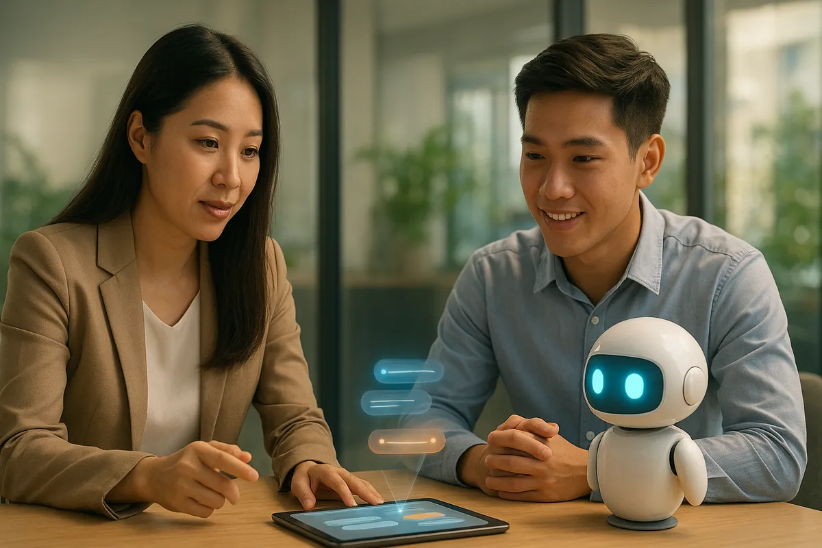 Trưởng nhóm ngồi cùng nhân viên sale trẻ, xem lại một cuộc hội thoại mẫu trên tablet, AI robot đánh dấu các điểm cần cải thiện