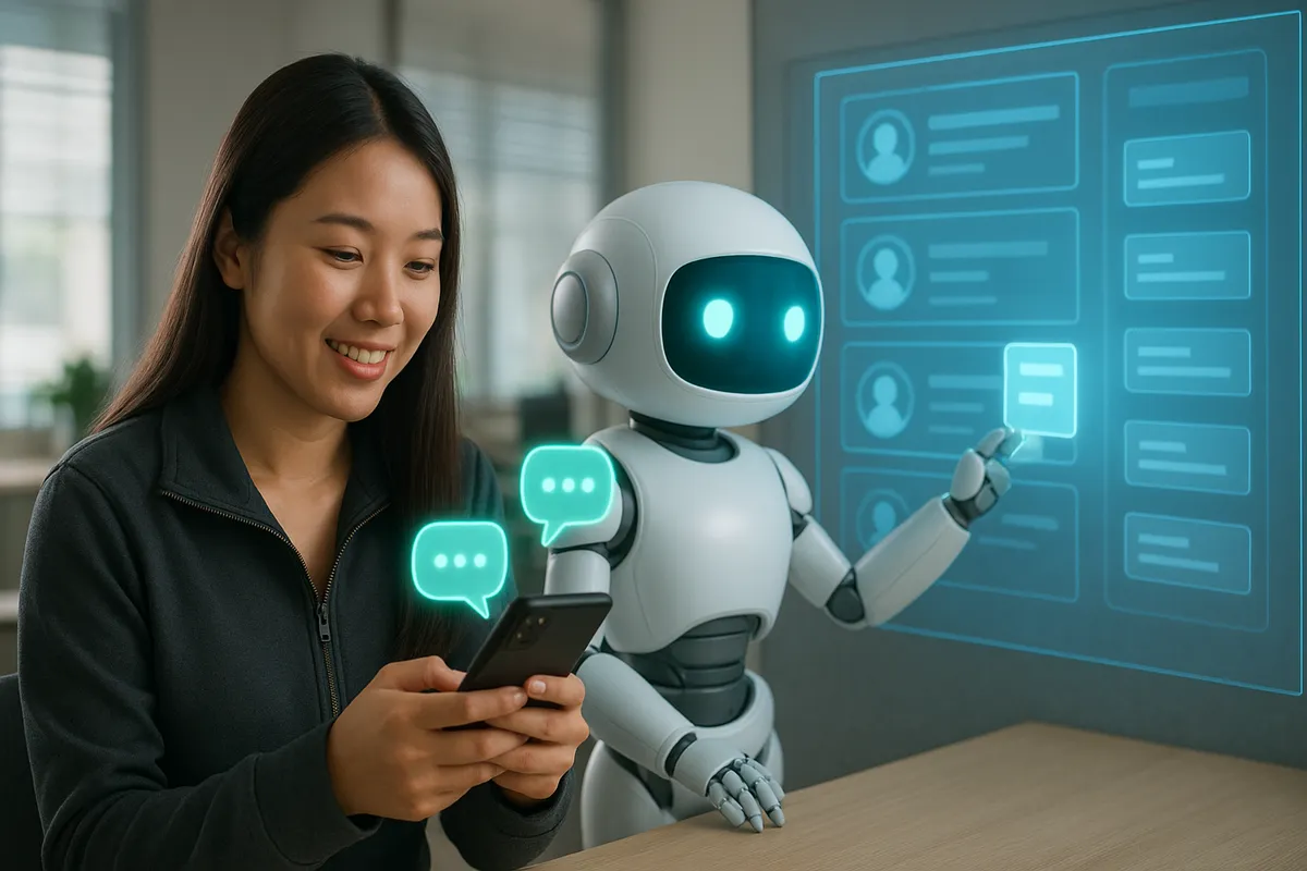 Nhân viên sale chat Zalo trên điện thoại, robot AI trắng phía sau lấy từng tin nhắn và cập nhật thẻ khách hàng, thẻ deal trên màn hình CRM lớn