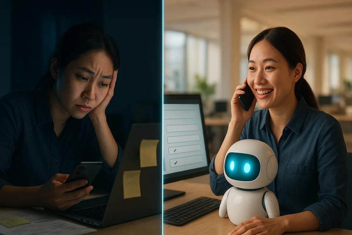Bên trái nhân viên sale mệt mỏi chép tin nhắn vào form CRM, bên phải AI robot tự điền hồ sơ khách từ hội thoại