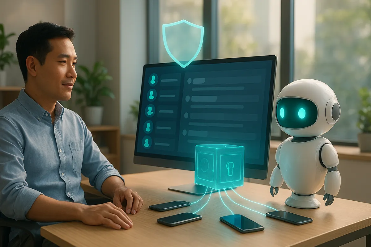 Quản lý xem màn hình quản lý tập trung nhiều tài khoản Zalo với trạng thái an toàn màu xanh, AI robot hỗ trợ bên cạnh