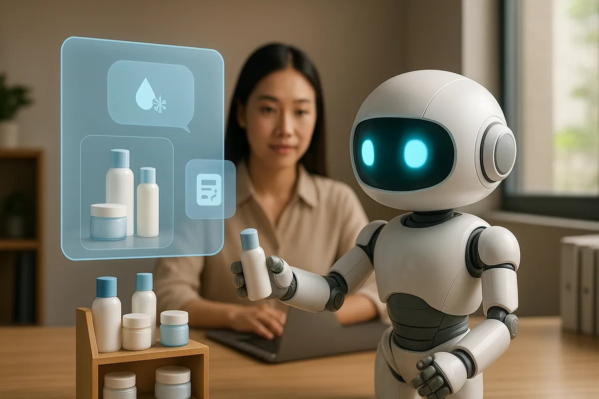 Robot AI trắng đọc tin nhắn khách về da khô trên màn hình nổi, kéo một bộ sản phẩm dưỡng ẩm từ kệ mỹ phẩm thu nhỏ vào khung chat