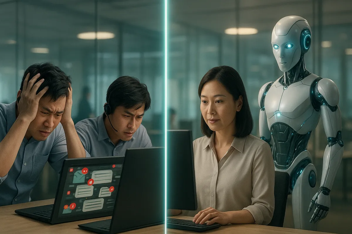 So sánh hai nhân viên bị quá tải với inbox tràn ngập bên trái và một nhân viên bình tĩnh làm việc cùng AI Agent bên phải
