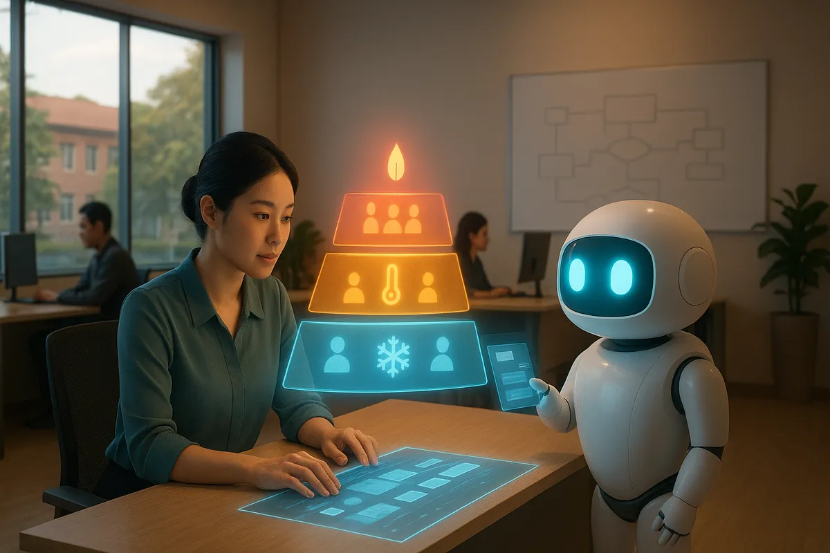 Chuyên viên tuyển sinh nữ Việt Nam ngồi trước màn hình holographic phân loại thí sinh theo ba tầng nóng-ấm-lạnh hình tháp, robot AI compact trắng bên cạnh đang xử lý hàng đợi tin nhắn mới