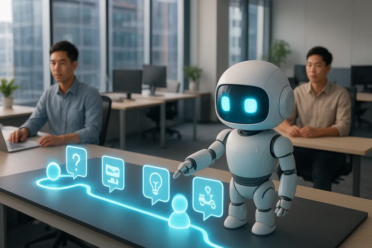 Robot AI trắng dẫn một khách hàng đi qua sáu trạm phát sáng nối tiếp: lời chào, câu hỏi, thẻ sản phẩm, bóng đèn giải đáp, xe giao hàng, hộp hàng có dấu tích