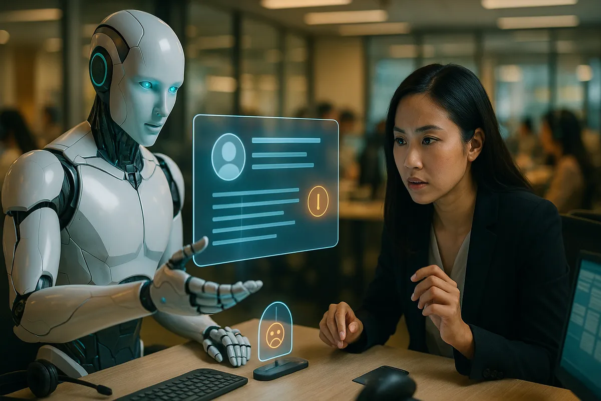 AI Agent chuyển giao hồ sơ khiếu nại phức tạp cho nhân viên CS cấp cao, cả hai cùng xem xét case card holographic