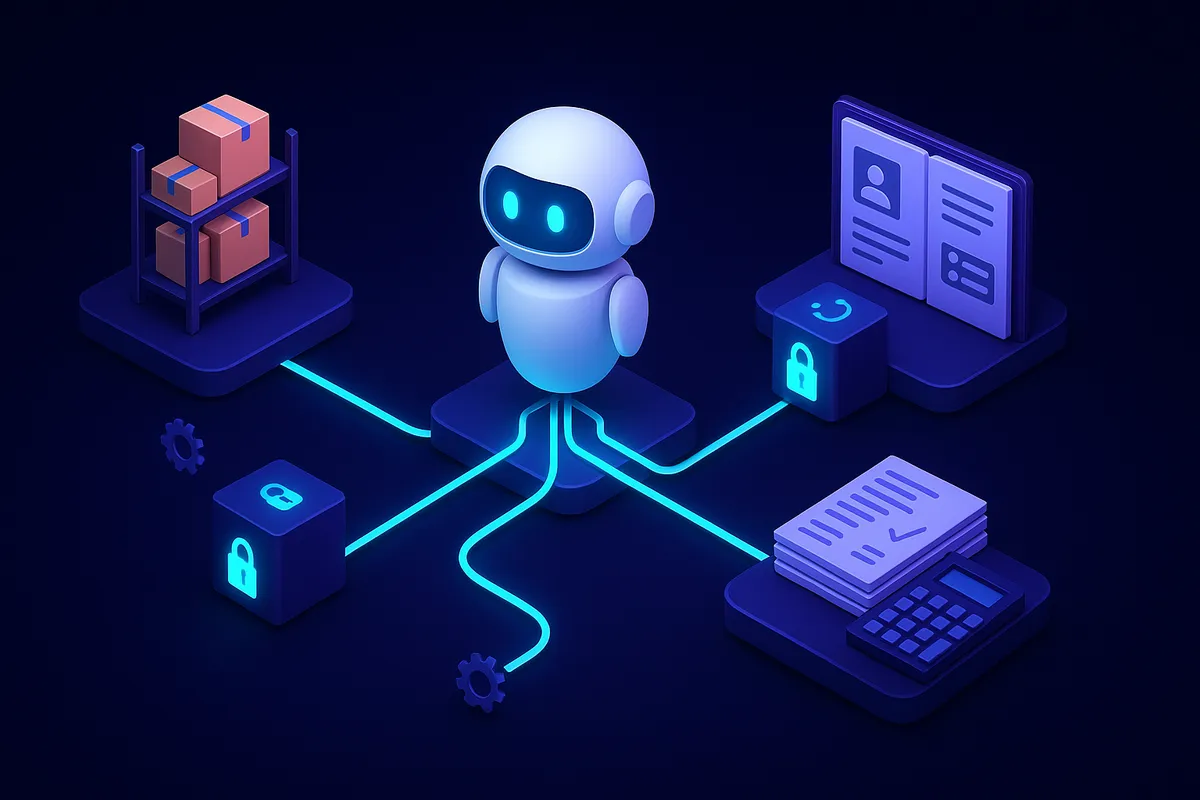 Sơ đồ 3D: robot AI trắng ở trung tâm nối tới ba trạm MCP server có kệ hàng, sổ khách hàng và hóa đơn, mỗi trạm có khóa bảo vệ