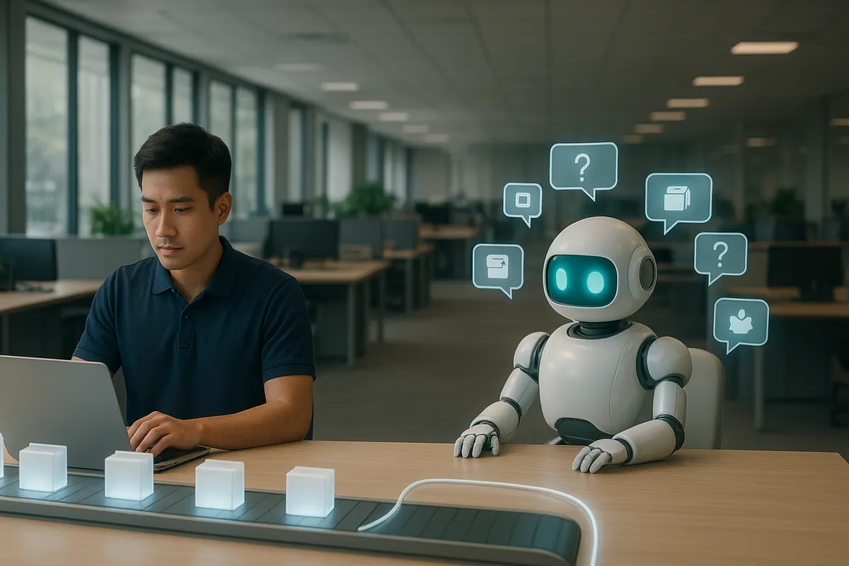 Hai bàn làm việc cạnh nhau: bên trái dây chuyền node n8n đều đặn chuyển hồ sơ, bên phải robot AI trắng trò chuyện với nhiều khung chat Zalo và Facebook