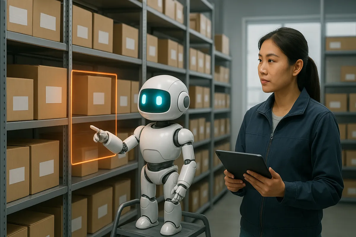 Nhân viên kho nhìn máy tính bảng trong khi robot AI trắng chỉ vào một ô kệ hàng gần trống được đánh dấu cảnh báo màu cam