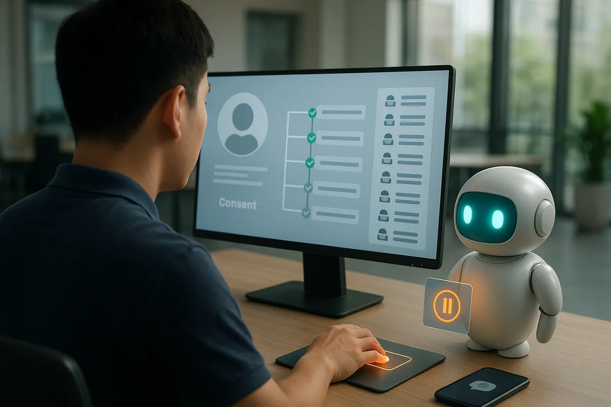 Quản lý CSKH xem màn hình hồ sơ khách hàng có dòng thời gian đồng ý và nhật ký thao tác của AI Agent, robot AI trắng đứng cạnh chờ duyệt