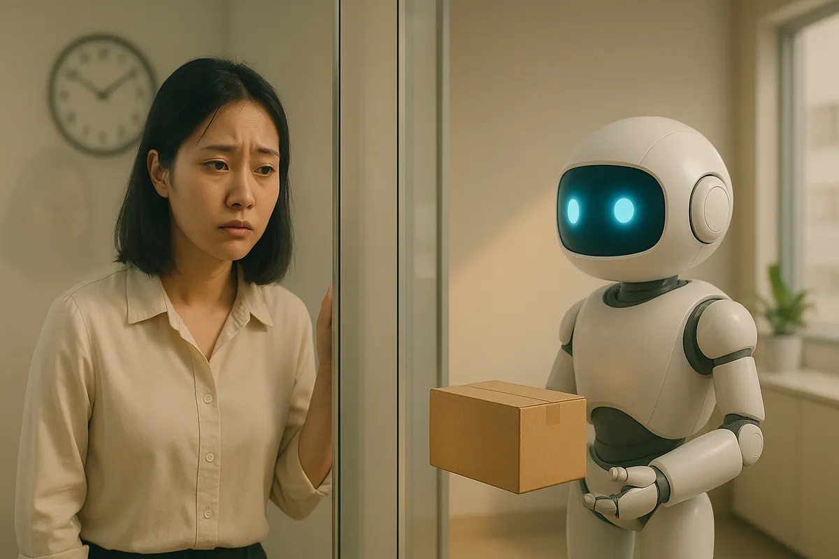 So sánh hai cảnh: bên trái nhân viên liên tục mở cửa kho kiểm tra không có hàng, bên phải robot AI trắng nhận ngay kiện hàng khi chuông reo