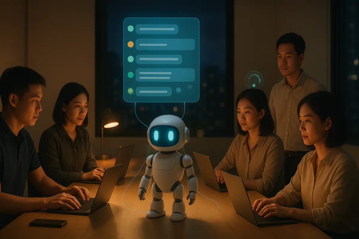 Robot AI trắng ở trung tâm một bàn làm việc nối với ba nhân viên tư vấn, trên màn hình nổi là hộp thư Zalo OA với tin nhắn được gắn nhãn và phân công, quản lý nhìn bảng tổng hợp