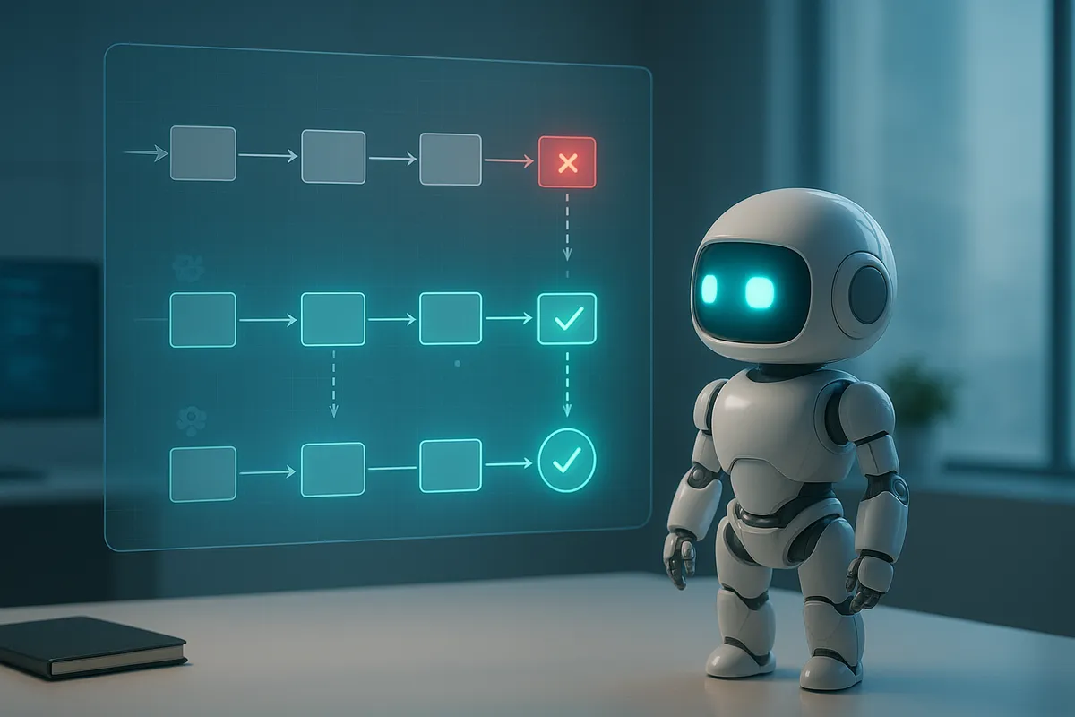 Robot AI compact trắng đứng trước màn hình holographic ba hàng: hàng trên RPA gặp exception đỏ, hai hàng dưới AI Agent tìm đường thay thế và hoàn thành thành công