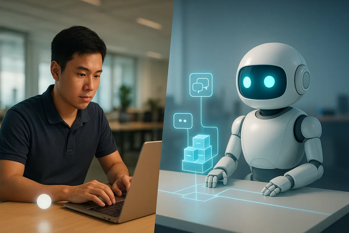 Nhân viên văn phòng dùng trợ lý AI cá nhân trên laptop bên trái, robot AI trắng kết nối kênh chat, kho hàng và hồ sơ khách hàng bên phải