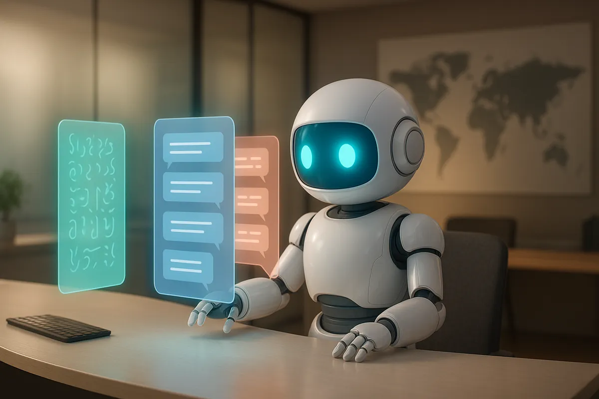 Màn hình holographic hiển thị ba luồng hội thoại song song bằng các ngôn ngữ khác nhau, robot AI compact trắng điều phối cả ba đồng thời tại văn phòng du lịch