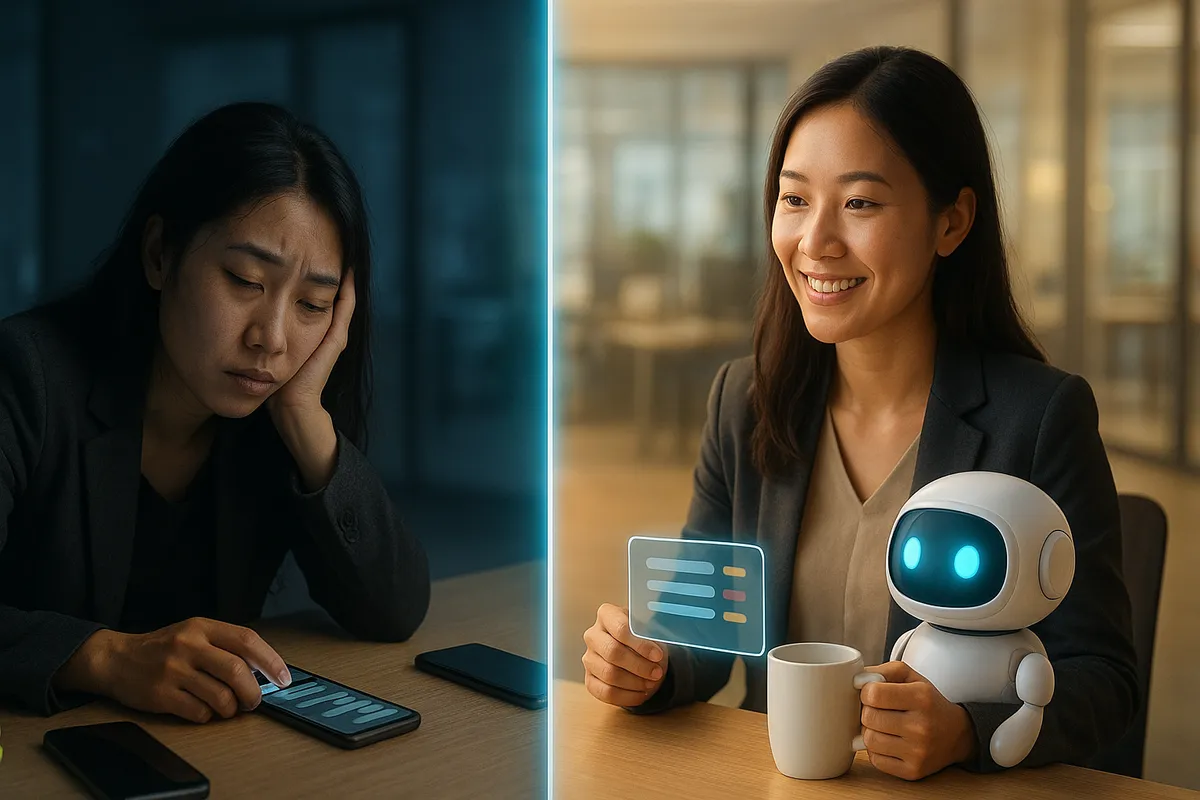 So sánh hai cách giám sát Zalo: bên trái quản lý mệt mỏi lướt hàng trăm tin nhắn trên điện thoại, bên phải AI robot trình bày bản tóm tắt gọn gàng với vài mục cảnh báo