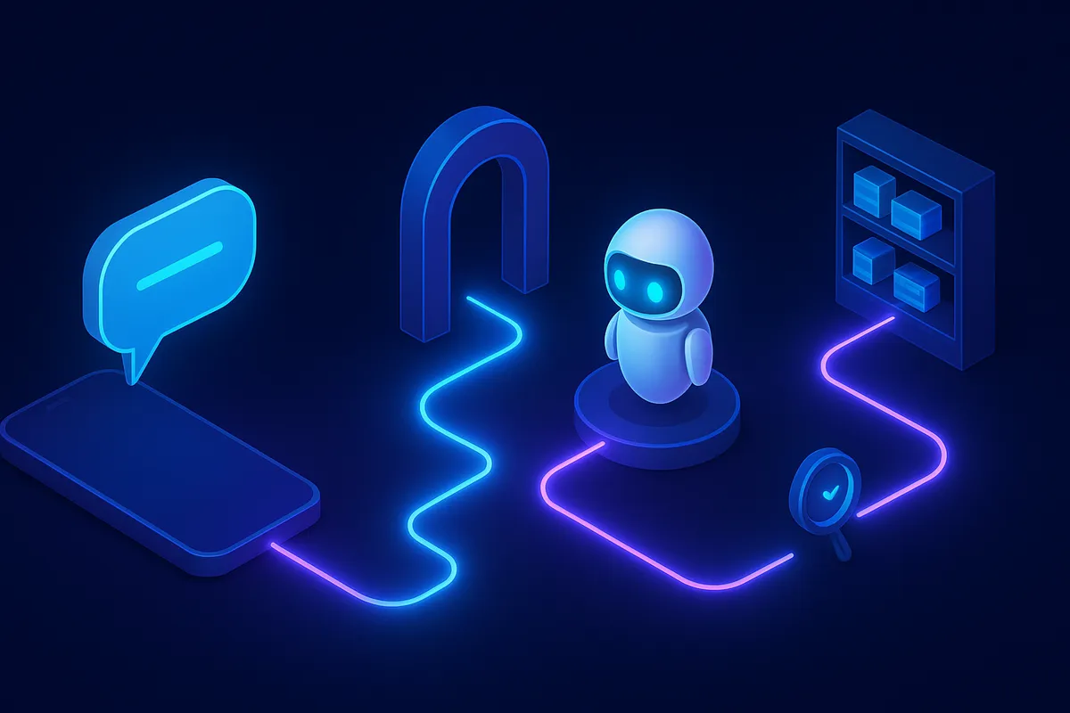 Sơ đồ 3D: điện thoại khách gửi bong bóng chat vào cổng Zalo OA, đi qua webhook tới robot AI trắng, robot tra kệ hàng và gửi tin trả lời ngược lại