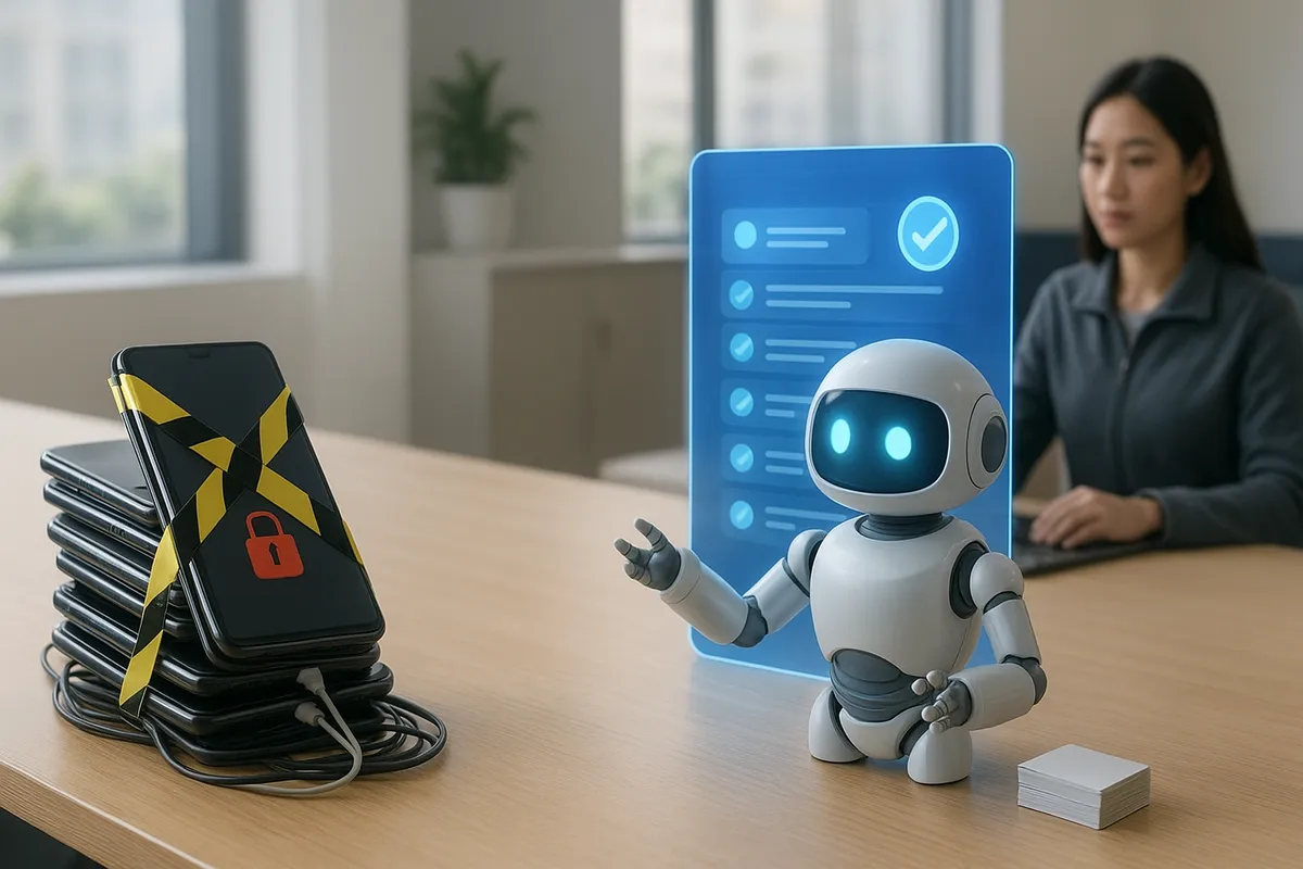 Hai bên bàn: bên trái một chồng điện thoại cá nhân bị dán băng cảnh báo, bên phải robot AI trắng quản lý một màn hình Zalo OA với nhiều cuộc trò chuyện được trả lời