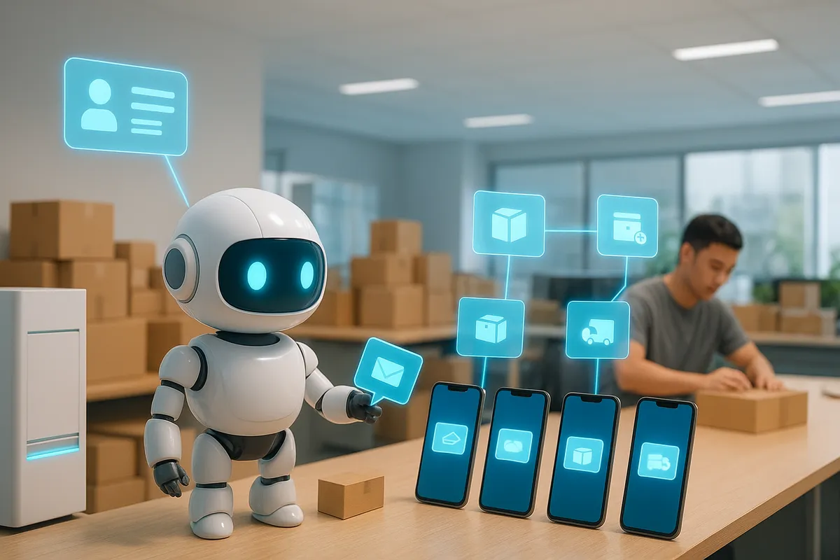 Robot AI trắng đứng giữa một máy chủ CRM và một hàng điện thoại, thẻ thông báo xác nhận đơn bay sang điện thoại, một tin trả lời của khách bay ngược về và robot đang đọc